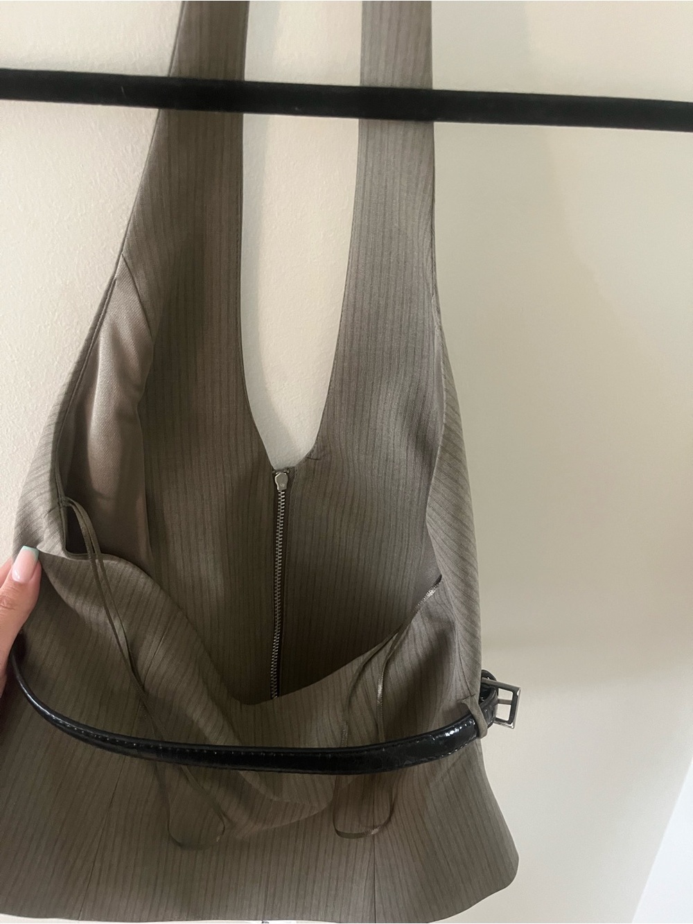 Ribbed Halter V-Neck Top in Olive Taupe - Picture 2 of 3